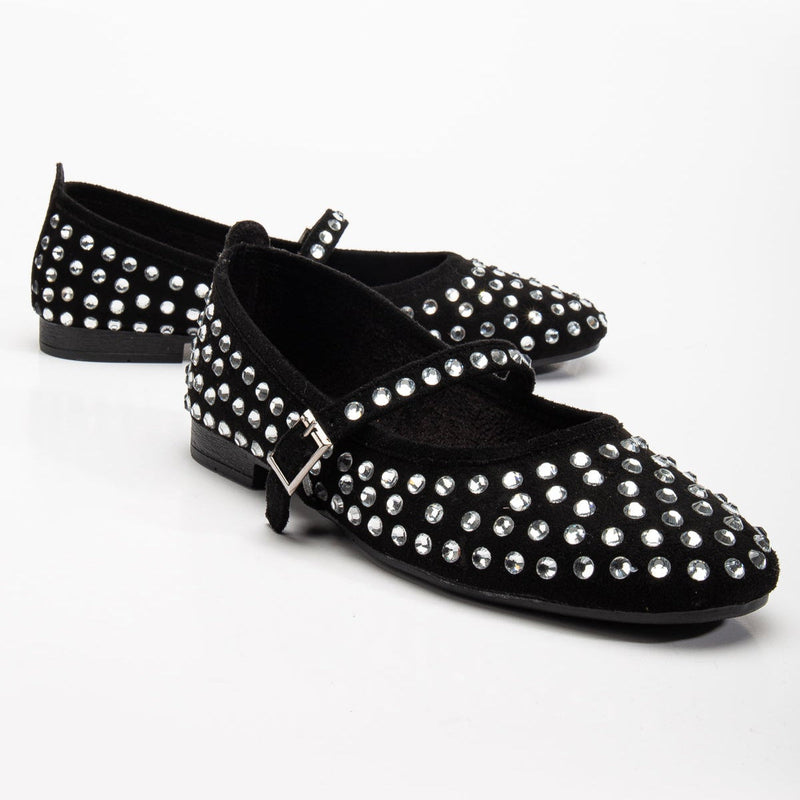 Emilie Vegan Suede Mary Jane Flats | Studded Crystal