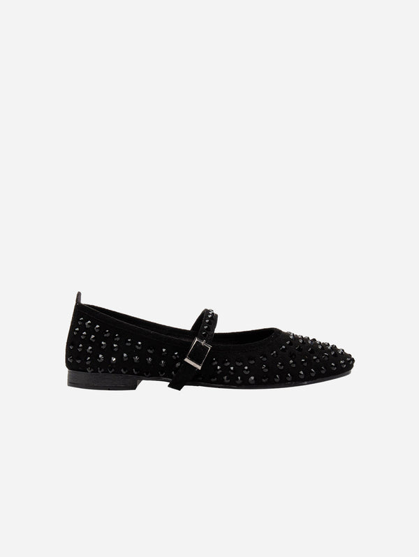 Emilie Vegan Suede Mary Jane Flats | Black Studded Crystal