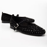 Immaculate Vegan - Prologue Shoes Emilie Vegan Suede Mary Jane Flats | Black Studded Crystal