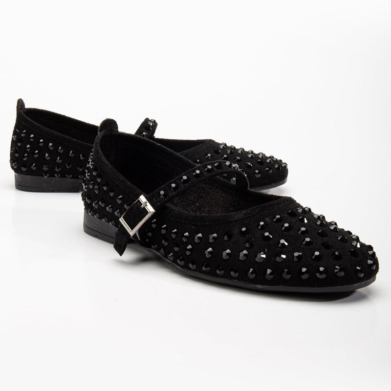 Prologue Shoes Emilie Vegan Suede Mary Jane Flats | Black Studded Crystal