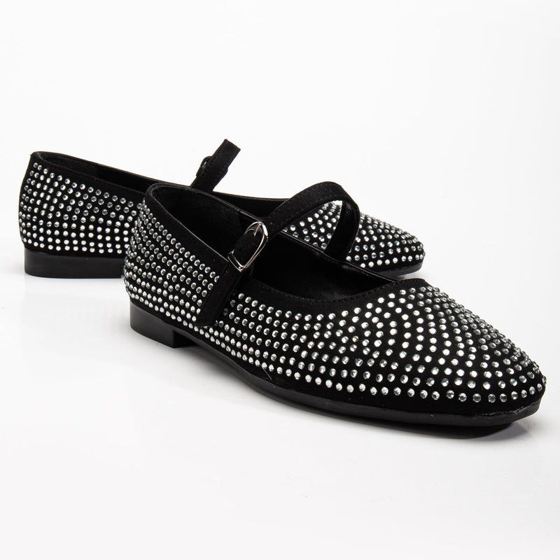 Emilie Vegan Suede Mary Jane Flats | Studded Mini Crystal