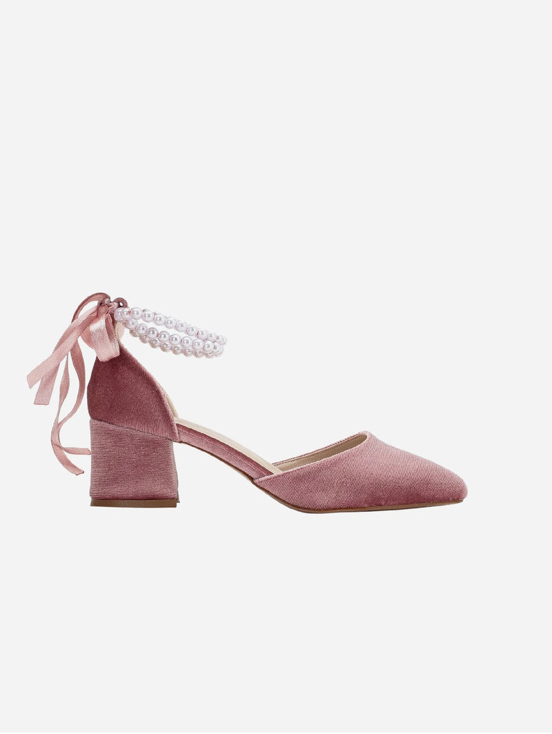 Forever and Always Shoes Miranda Vegan Velvet Pearl Low Heels | Rose