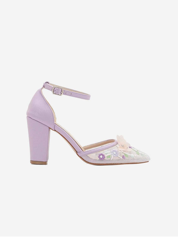 Forever and Always Shoes Ivy 3D Floral Lace Vegan Block Heels | Lavender