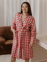 Immaculate Vegan - Laume Linen Delcia Women's Linen Bathrobe | Multiple Colours Red Checks / XS