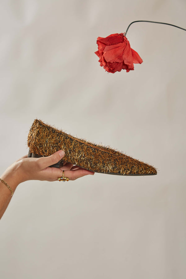 Metal Furry Vegan Ballerinas | Black & Gold