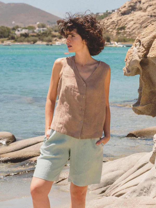 AmourLinen Matilda Long Linen Shorts | Multiple Colours Sage Green / XS