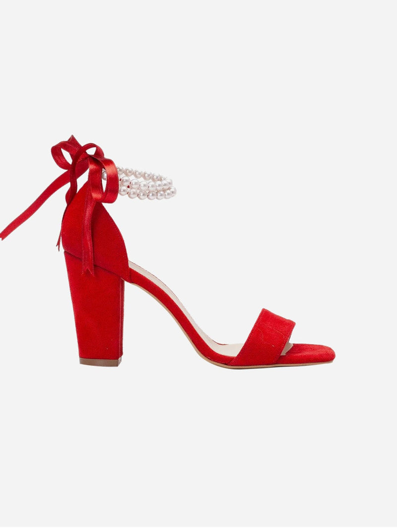 Forever and Always Shoes Melissa Vegan Suede Pearl Heeled Sandals | Red