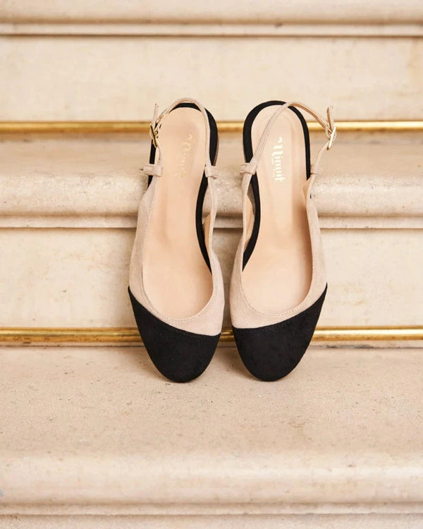 Minuit sur Terre Hortense Vegan Recycled Grain Slingback Pumps | Black & Beige