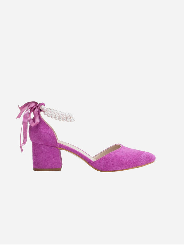 Forever and Always Shoes Miranda Vegan Velvet Pearl Low Heels | Fuchsia