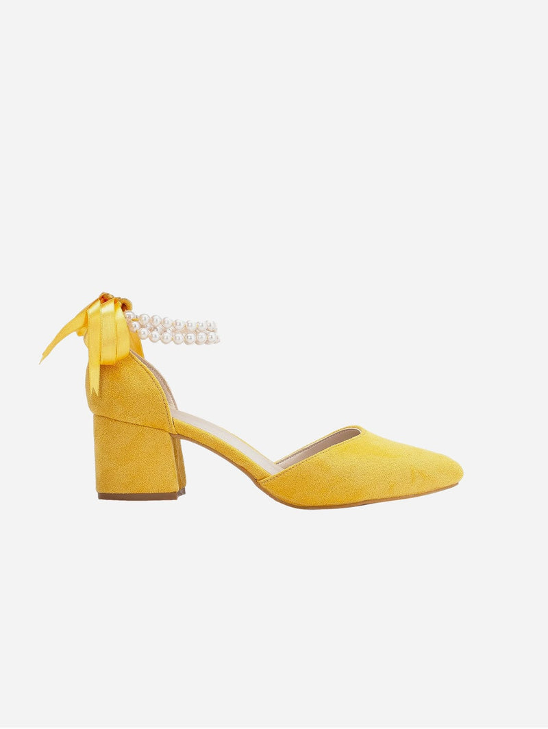 Forever and Always Shoes Miranda Vegan Suede Pearl Low Heels | Mustard Yellow