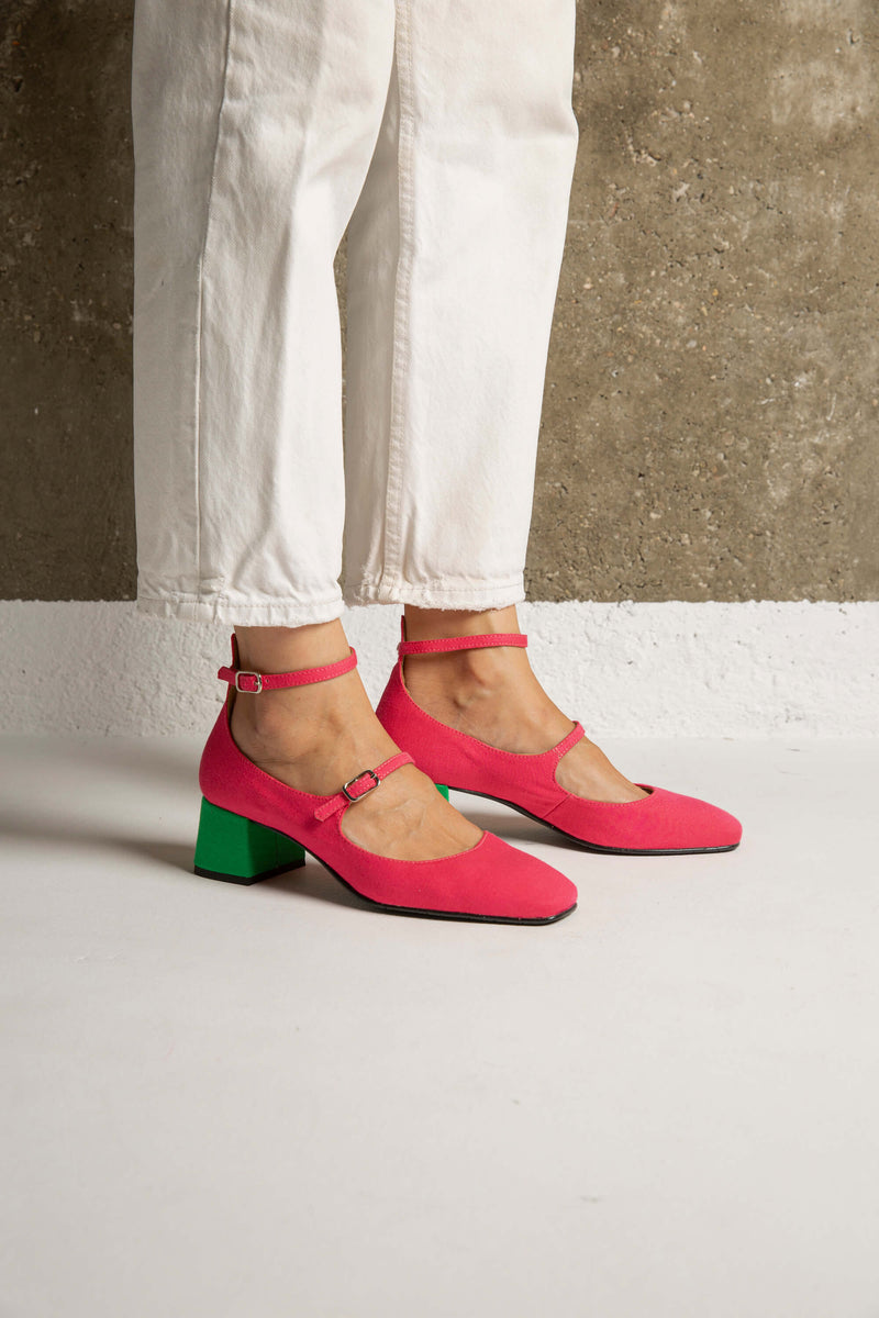 Bamboo Vegan Suede Mid Heeled Pumps | Pink & Green