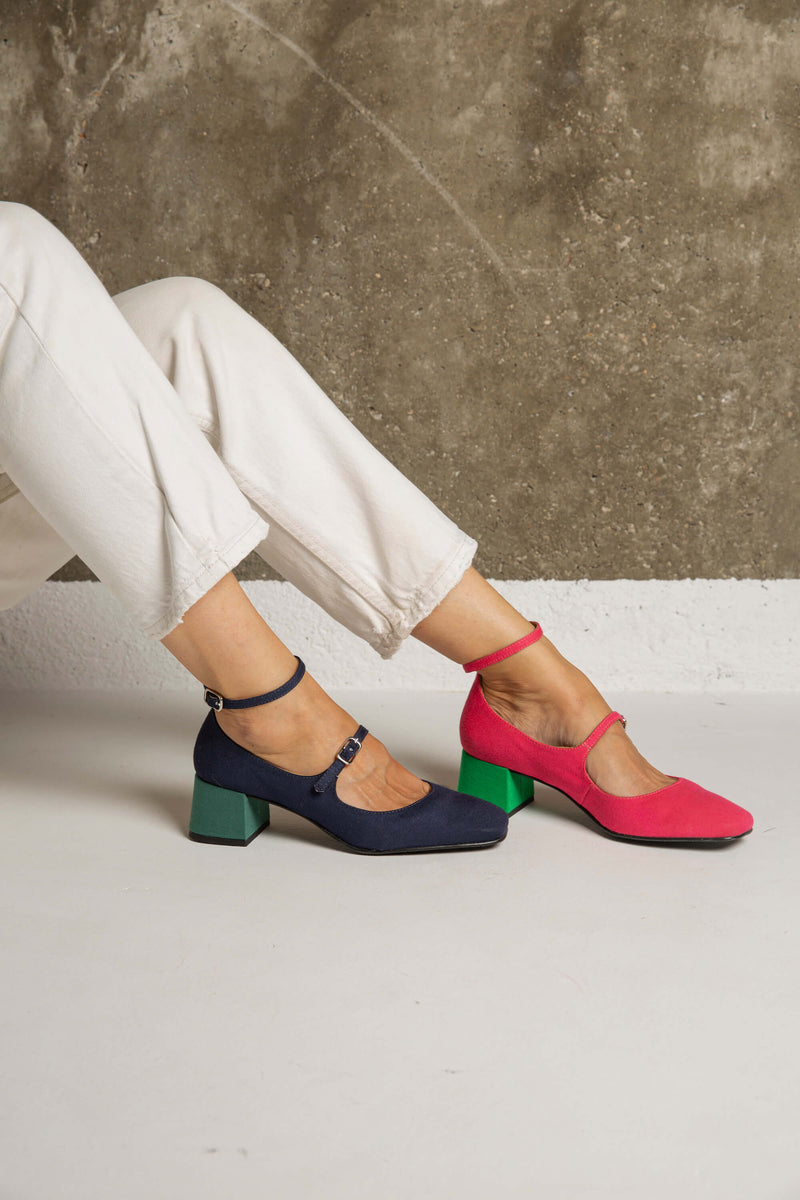 Bamboo Vegan Suede Mid Heeled Pumps | Pink & Green