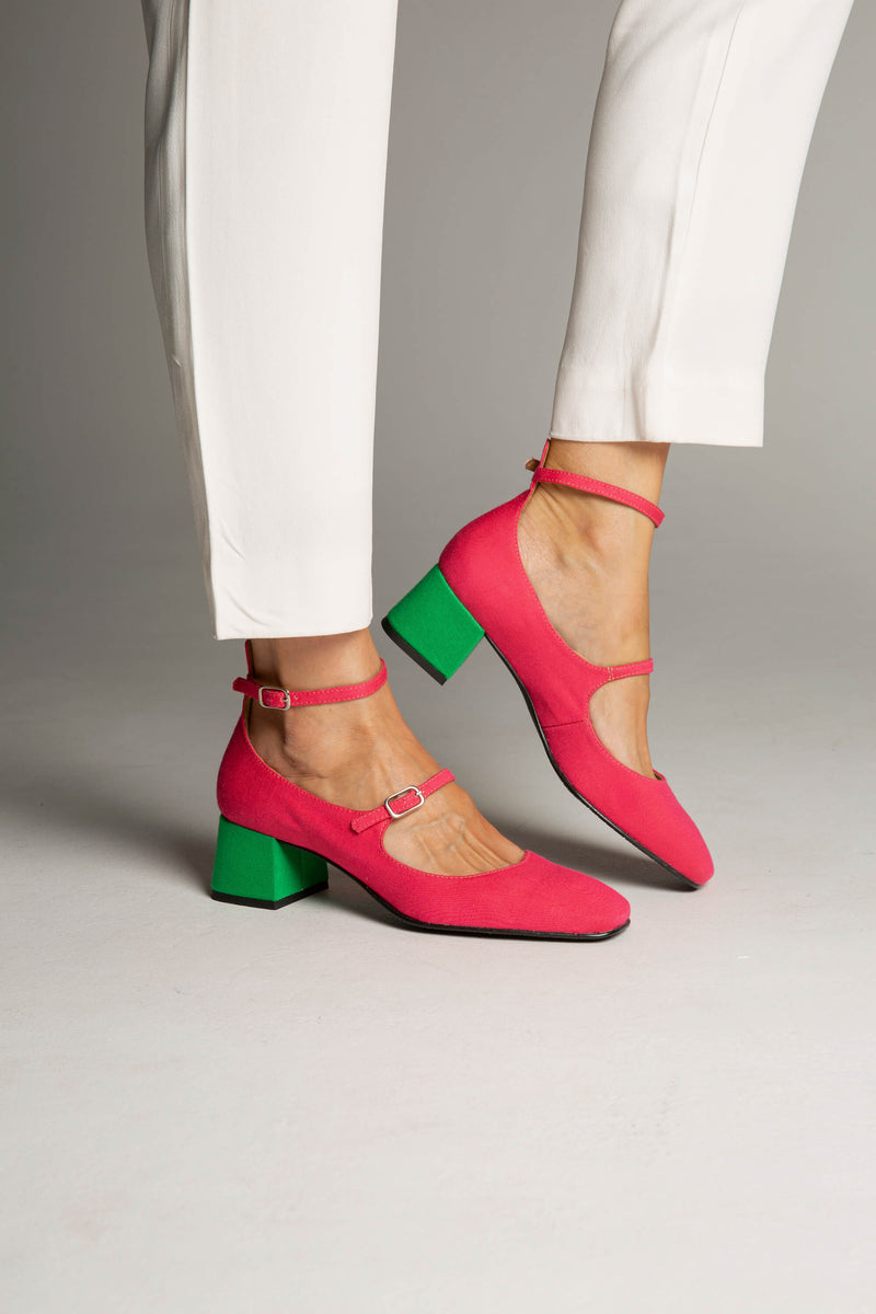 Bamboo Vegan Suede Mid Heeled Pumps | Pink & Green