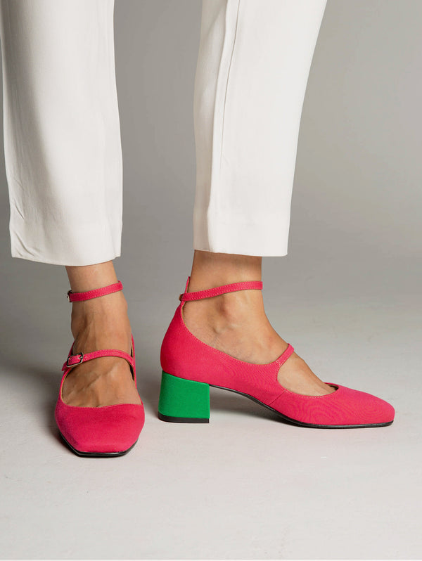 Bamboo Vegan Suede Mid Heeled Pumps | Pink & Green