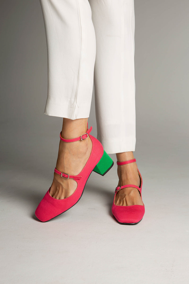 Bamboo Vegan Suede Mid Heeled Pumps | Pink & Green