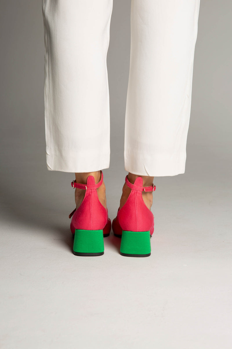 Bamboo Vegan Suede Mid Heeled Pumps | Pink & Green