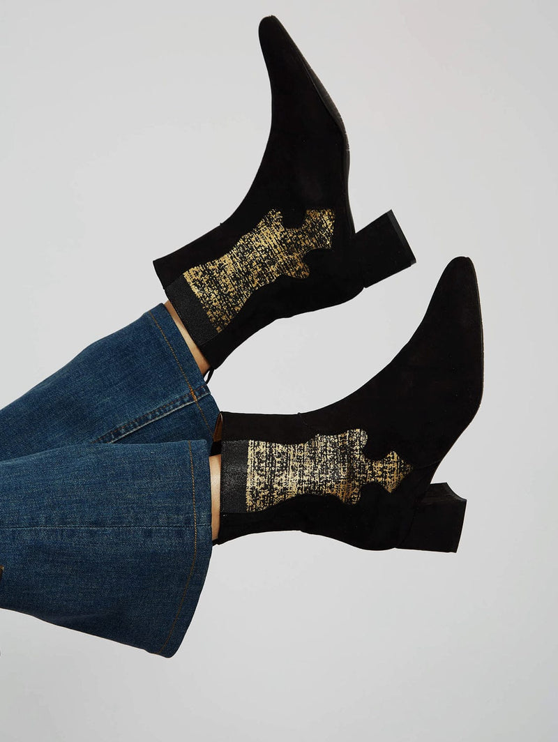 MOMOC Eco Suede Vegan Ankle Boots | Black & Gold UK3 / EU36 / US5