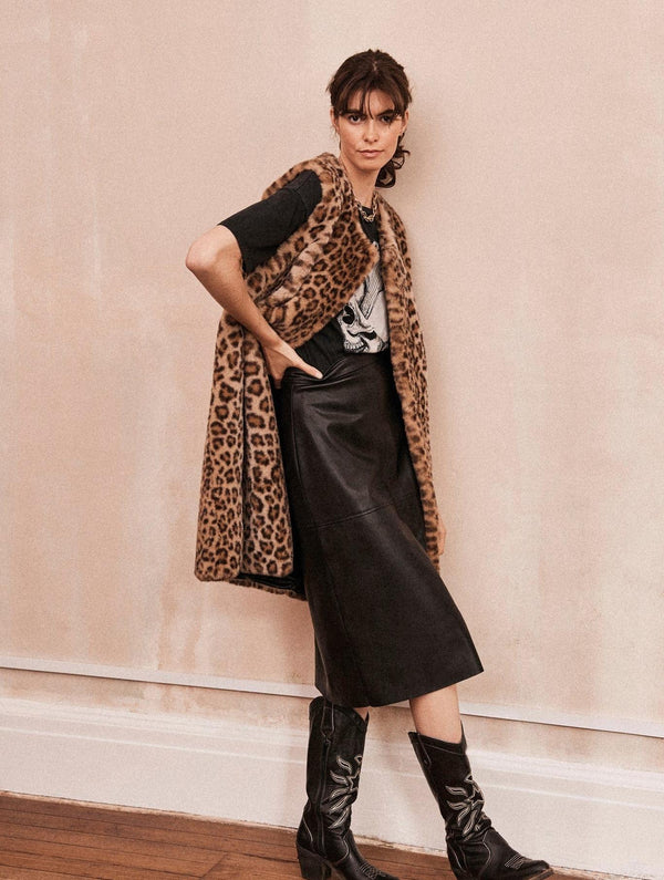 Issy London Lila Sleeveless Coat Vegan Luxe Leopard Faux Fur Neutral