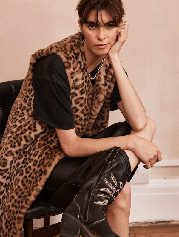 Issy London Lila Sleeveless Coat Vegan Luxe Leopard Faux Fur Neutral