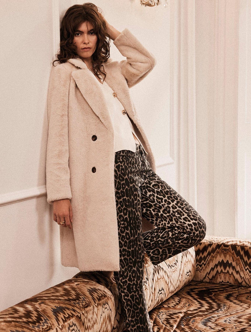 Issy London Rosie Statement Coat Vegan Faux Suede & Shearling Neutral Cream