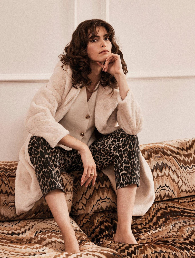 Issy London Rosie Statement Coat Vegan Faux Suede & Shearling Neutral Cream