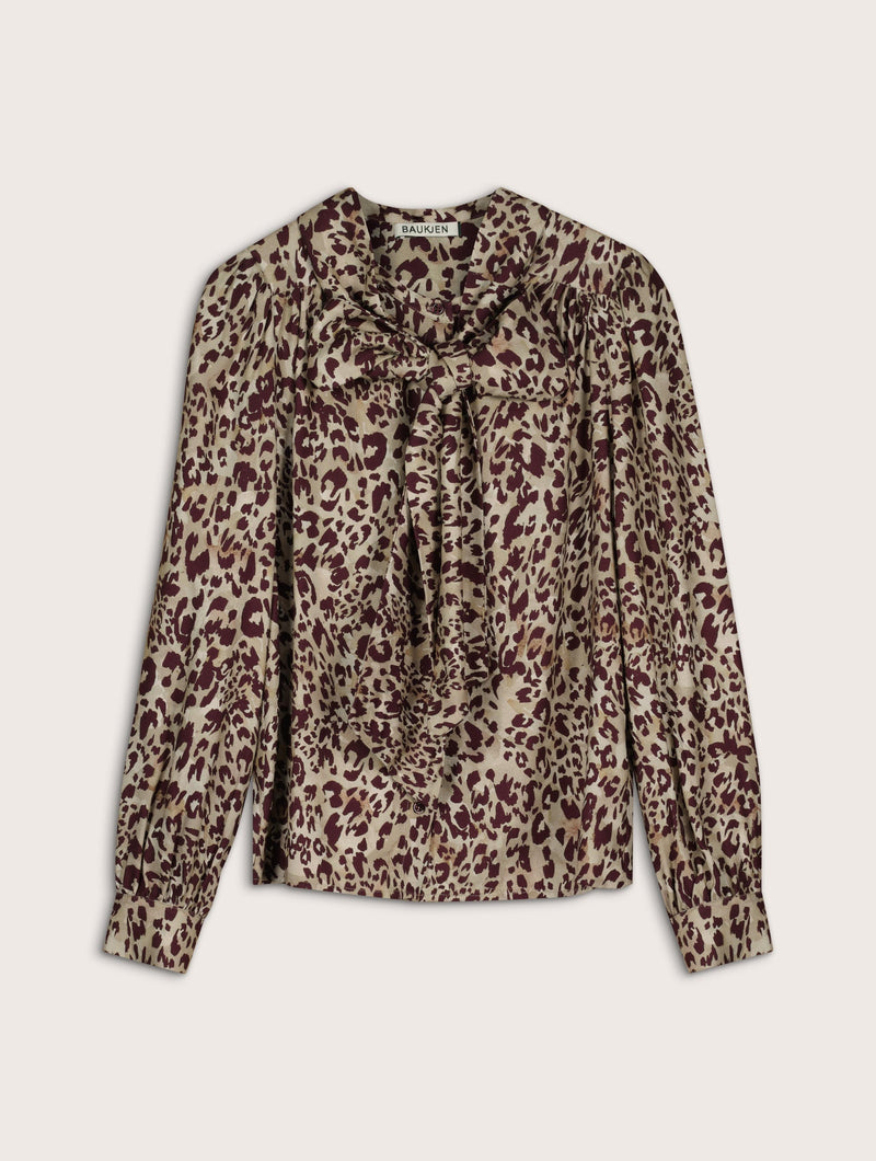 Ischia Printed Bow Neck Blouse | Plum Leopard