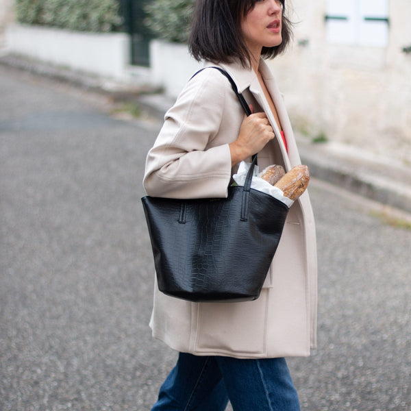 Alénore Mimosa Mini Vegan Apple Leather Tote Bag | Black Crocodile