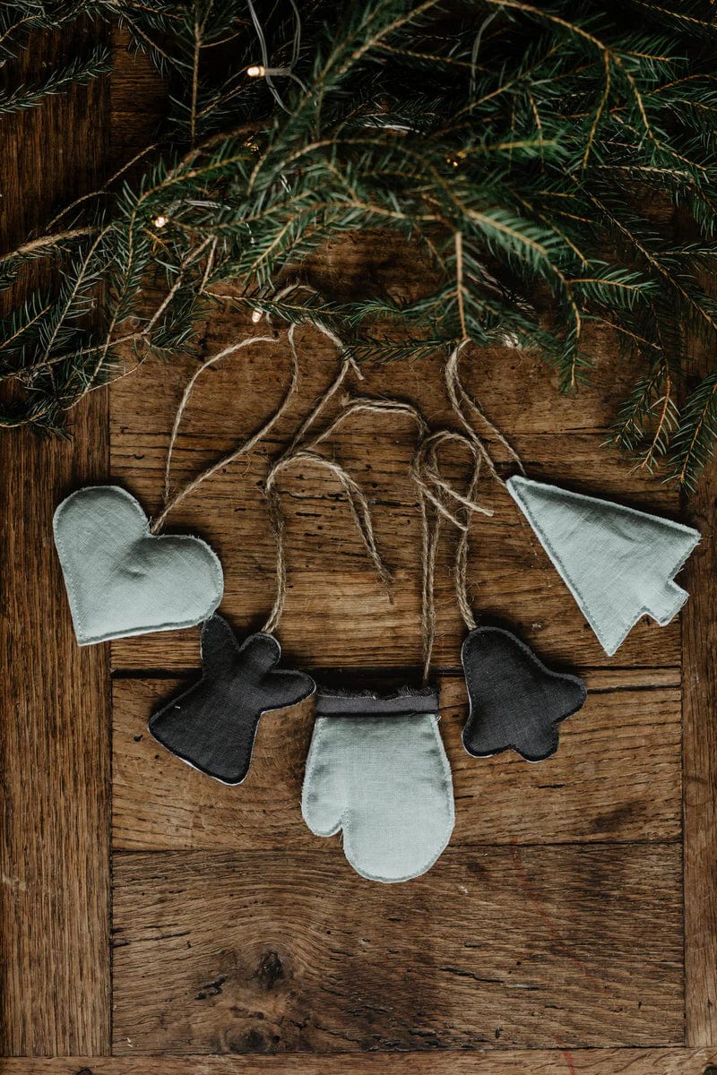 AmourLinen Set of 5 Flax Christmas Tree Decorations | Multiple Colours Sage Green + Charcoal