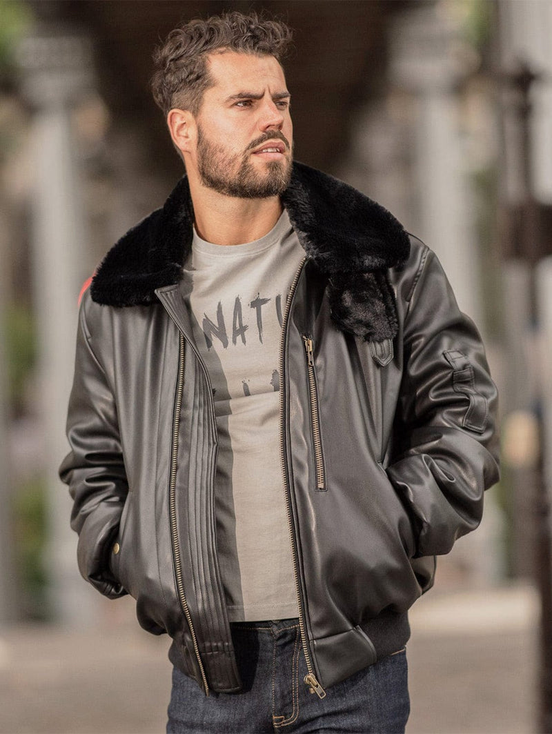 ASHOKA Paris Roland Men's Vegan Leather Bomber Jacket Black