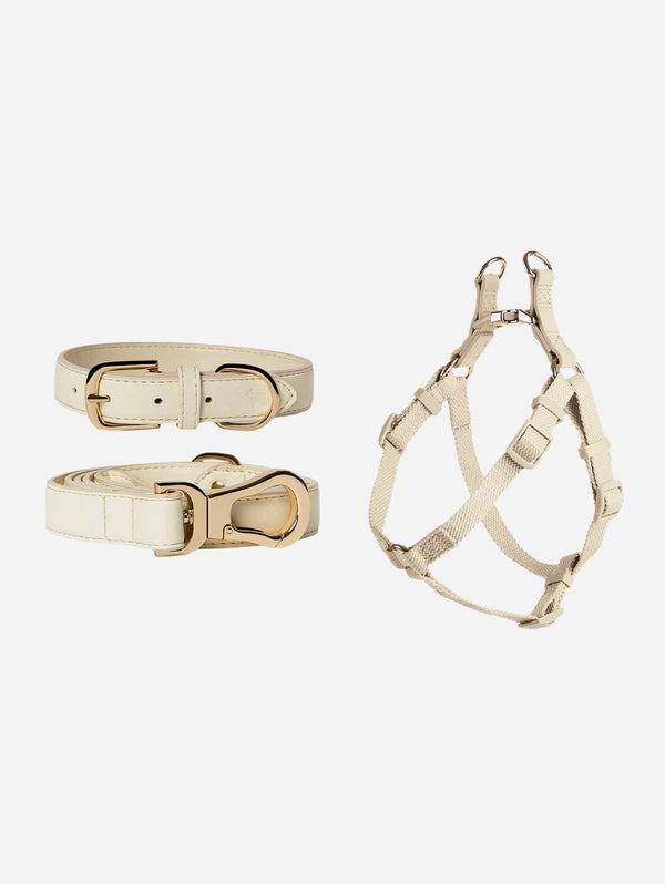 Barc London City Vegan Leather & Nylon Dog Collar, Harness & Lead Set | Light Ivory XS / XS / S