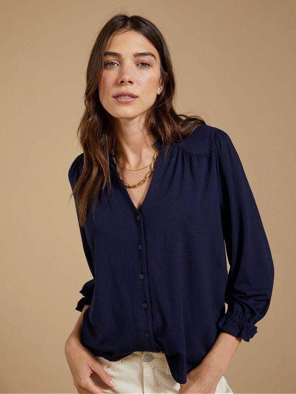 Baukjen Annie LENZING™ ECOVERO™ Ruffle Collar Blouse | Classic Navy