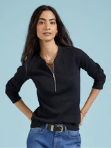 Immaculate Vegan - Baukjen Baukjen Essentials Organic Cotton Long Sleeve Zip Top | Caviar Black Caviar Black / UK6 / EU34 / US2