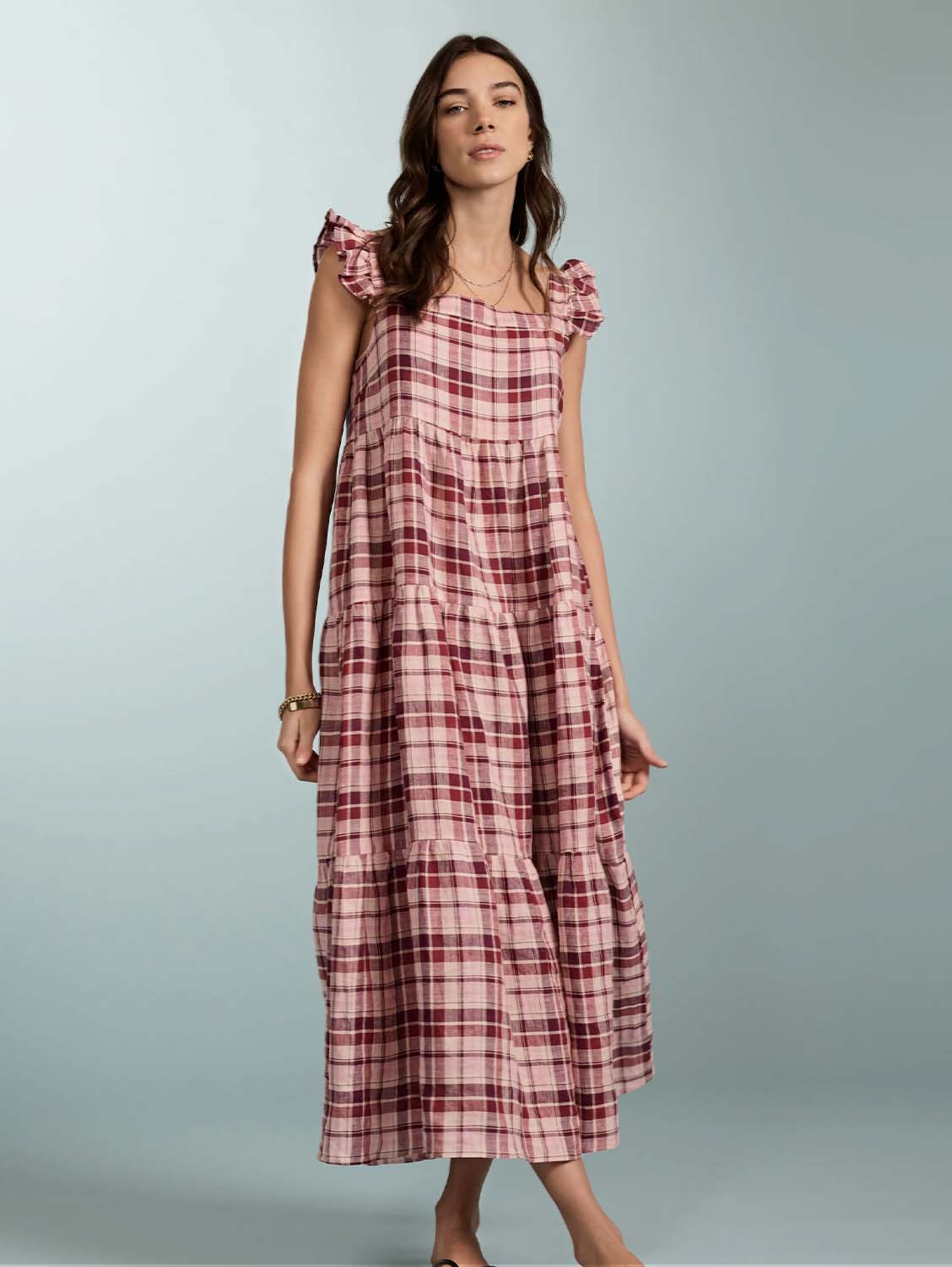 Baukjen Katie Linen Dress | Burgundy Check