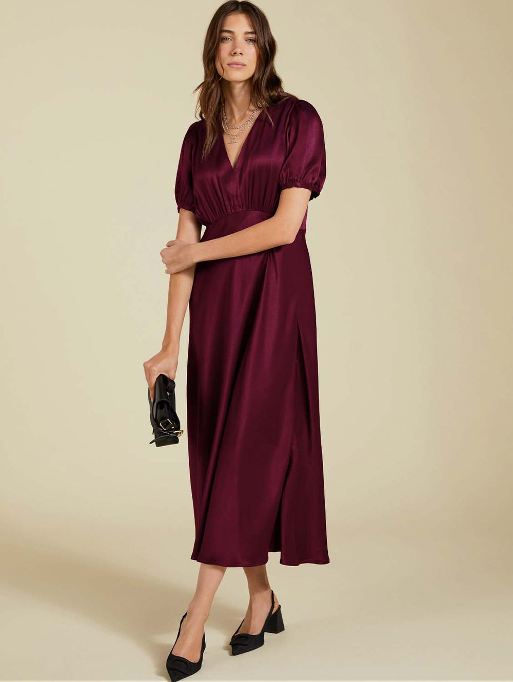 Baukjen Cathy Satin V Neck Midi Dress Burgundy