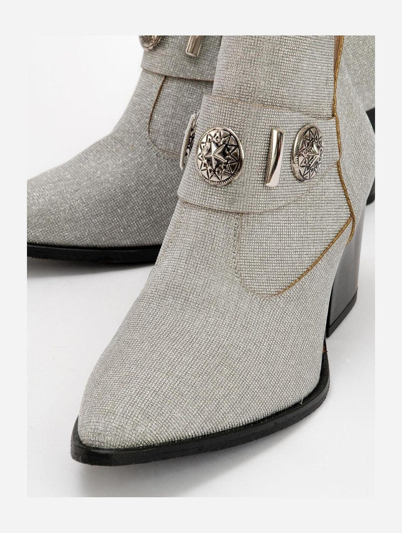 Prologue Shoes Kenda Silver Glitter Buckle Block Heel Boot (Women)