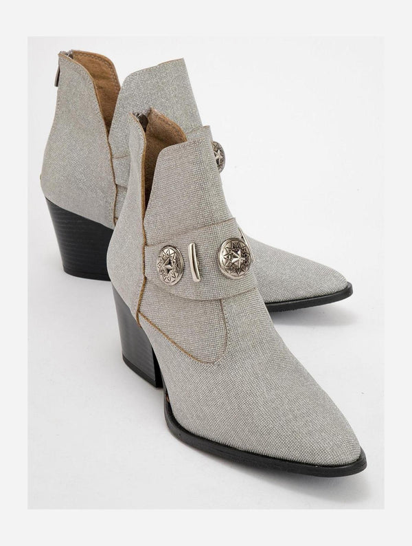 Prologue Shoes Kenda Silver Glitter Buckle Block Heel Boot (Women)