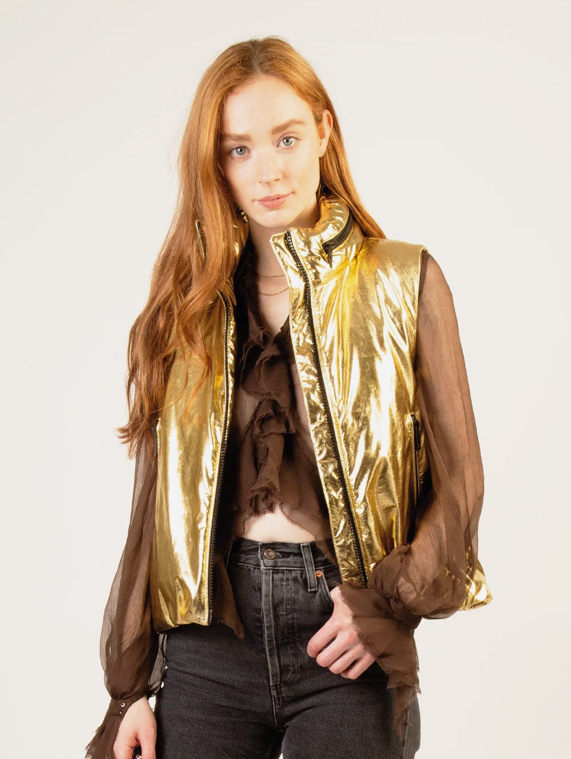CULTHREAD Powis Recycled Vegan Coffee Leather Puffer Jacket | Gold