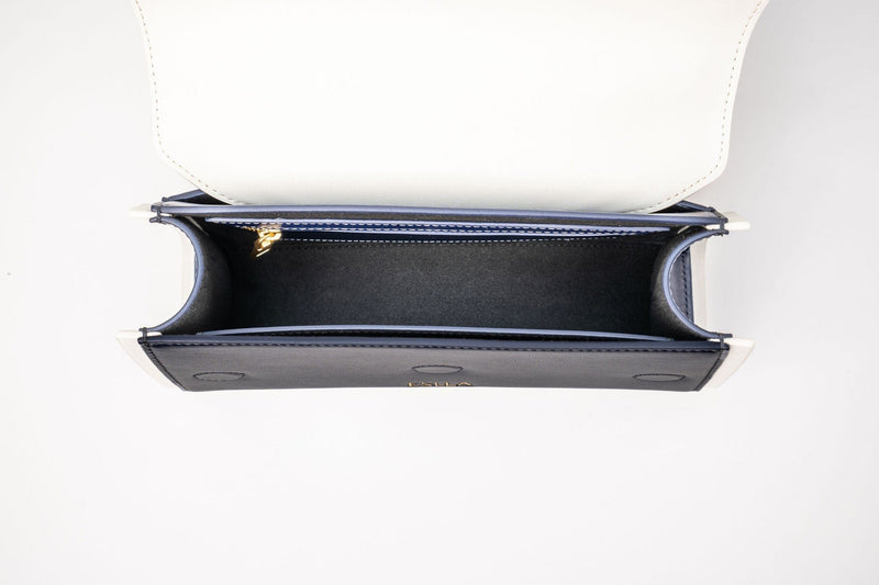 Eslla Dharma Desserto Cactus Leather Vegan Crossbody With Matte Gold Chain | Navy & White Trim