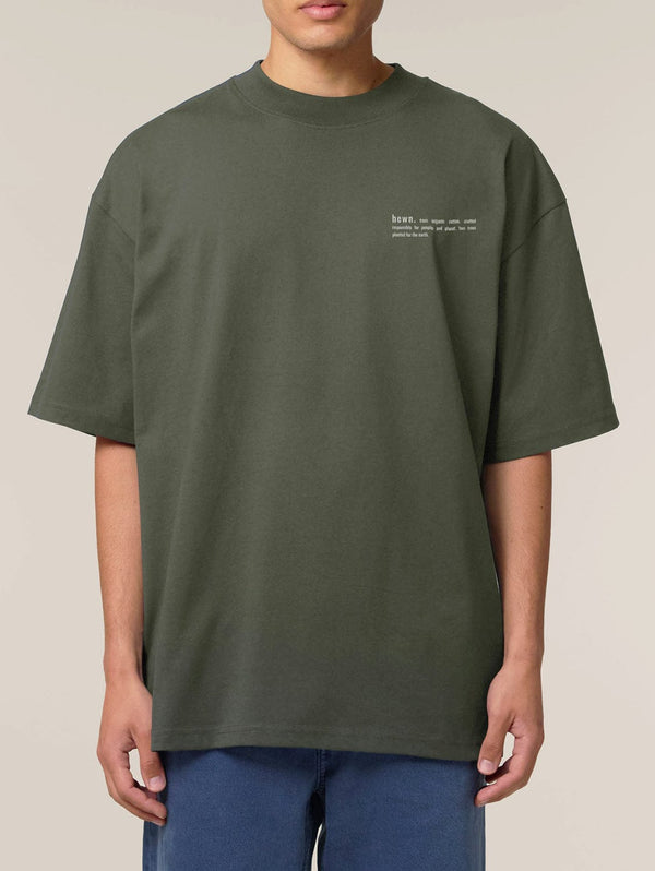 hewn. Mens Organic Cotton Signature Oversized T-shirt in Pine Green Khaki