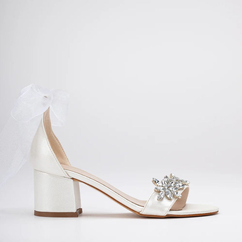 Forever and Always Shoes Helen Vegan Leather Rhinestone and Ribbon Wedding Heels | Ivory 5.5 US | 3 UK | 22CM | 36 EU / Ribbon Ankle Straps / Ivory