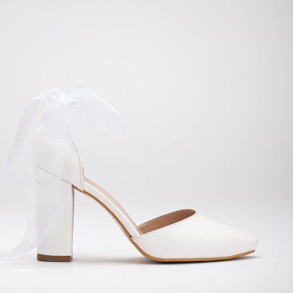 Forever and Always Shoes Gisele Vegan Leather Ribbon Wedding Shoes | White 5.5 US | 3 UK | 22CM | 36 EU / Sheer Ribbon Strap / White