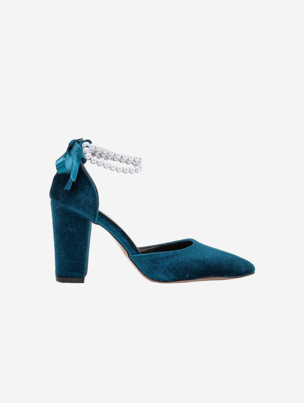 Hazel Vegan Velvet Pearl Heels Teal Blue