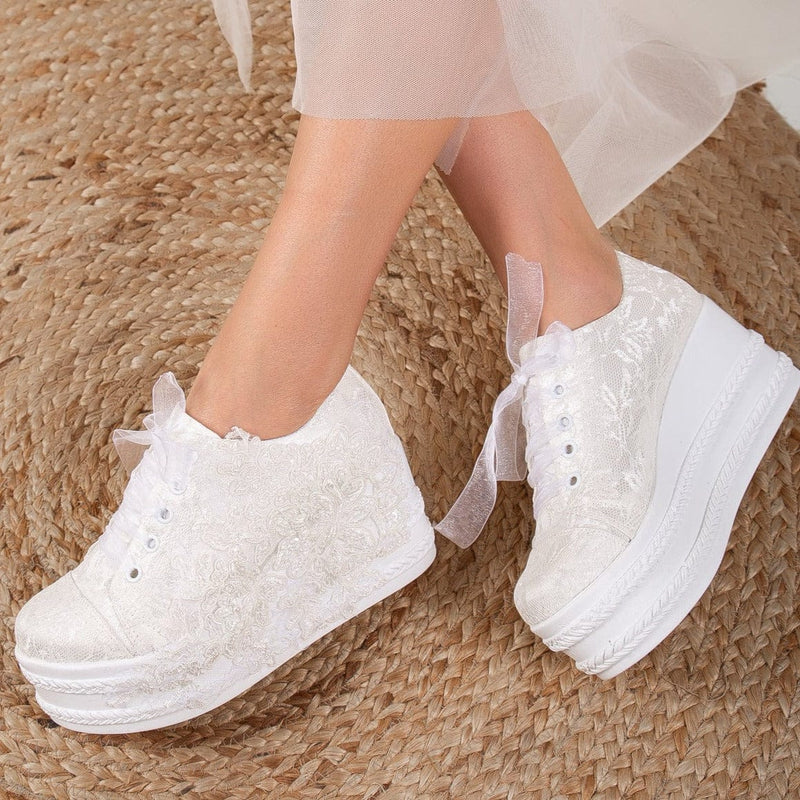 Forever and Always Shoes Claudine - Ivory Lace High Heel Wedding Sneakers