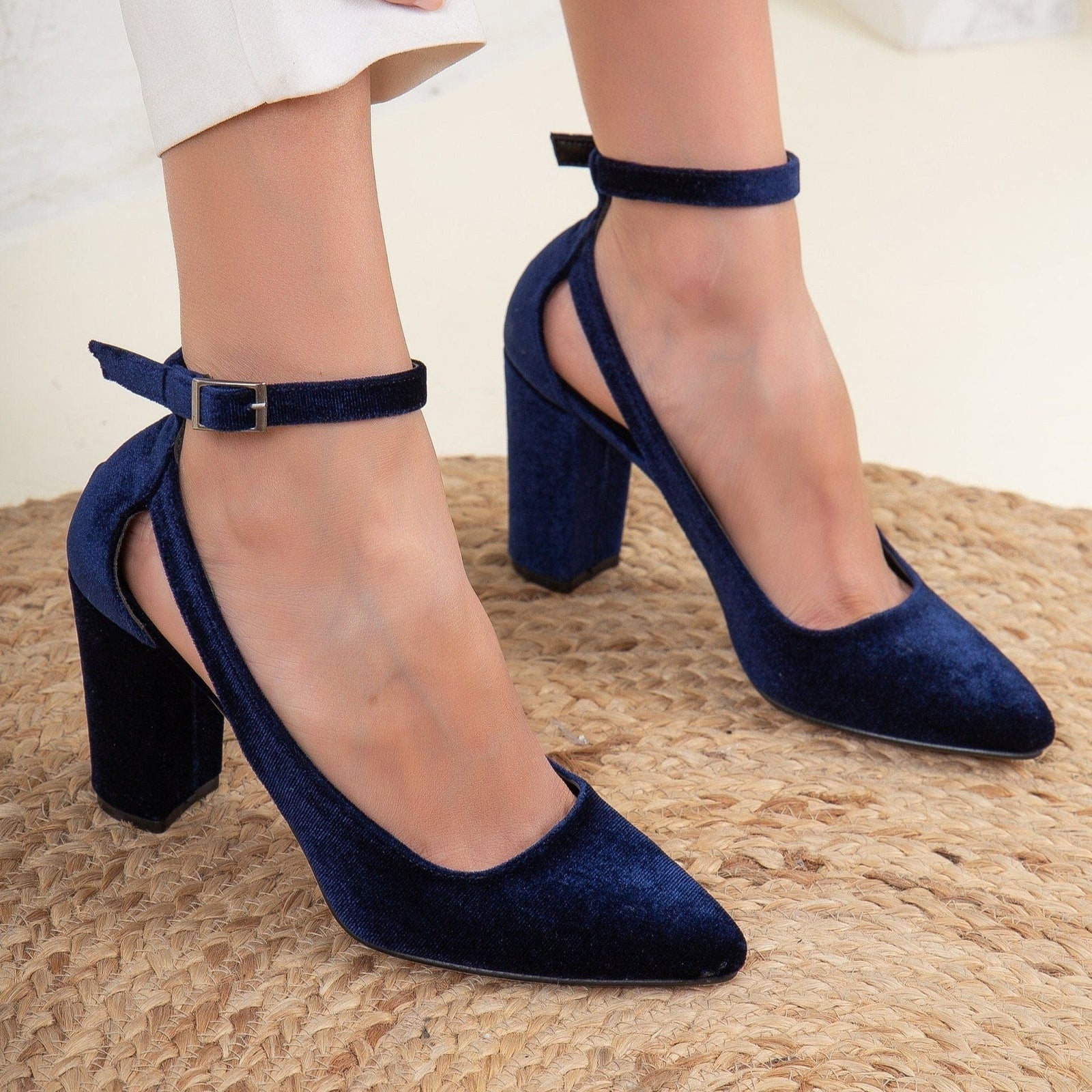 Forever and Always Shoes Colette Vegan Velvet Block Heels Dark Blue