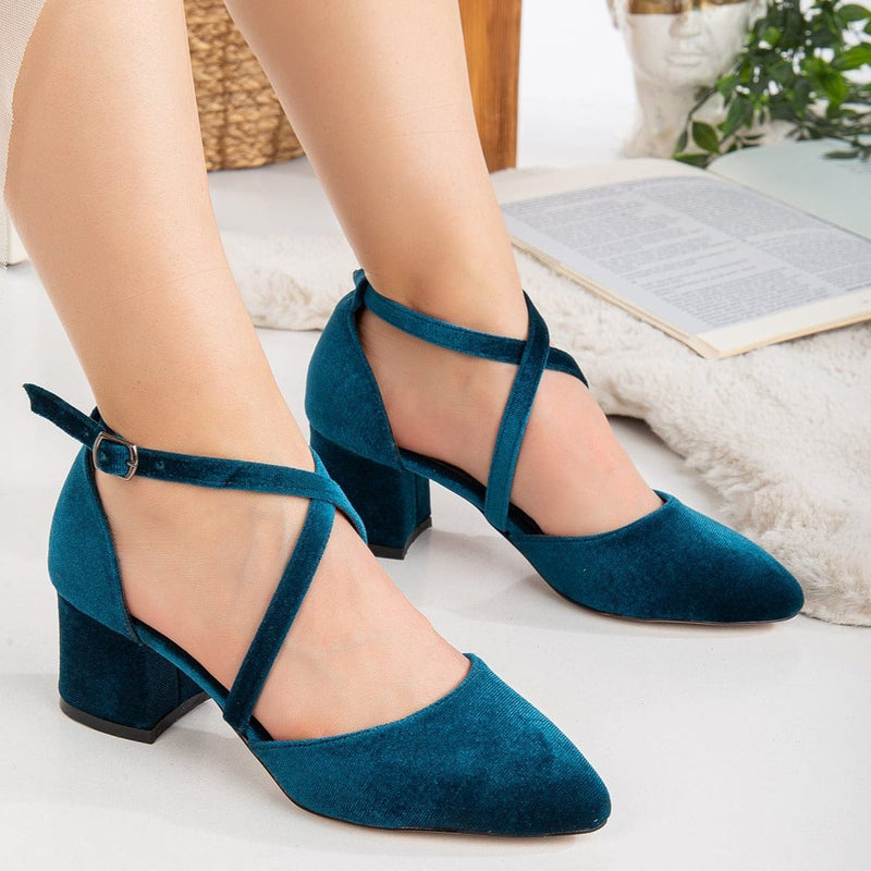 Forever and Always Shoes Dolly Vegan Velvet  Block Heels | Teal Blue