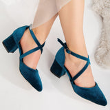 Immaculate Vegan - Forever and Always Shoes Dolly Vegan Velvet  Block Heels | Teal Blue