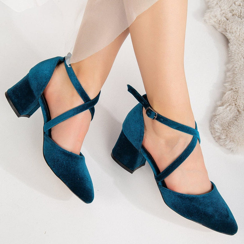 Forever and Always Shoes Dolly Vegan Velvet  Block Heels | Teal Blue