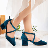 Immaculate Vegan - Forever and Always Shoes Dolly Vegan Velvet  Block Heels | Teal Blue