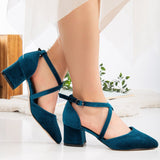 Immaculate Vegan - Forever and Always Shoes Dolly Vegan Velvet  Block Heels | Teal Blue