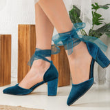 Immaculate Vegan - Forever and Always Shoes Gisele - Teal Blue Velvet Heels with Ribbon